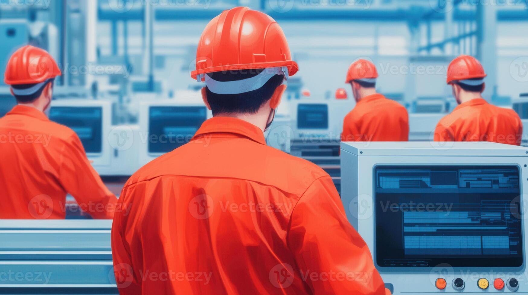 Engineers wearing hardhats and safety vests are observing manufacturing process in a modern factory photo