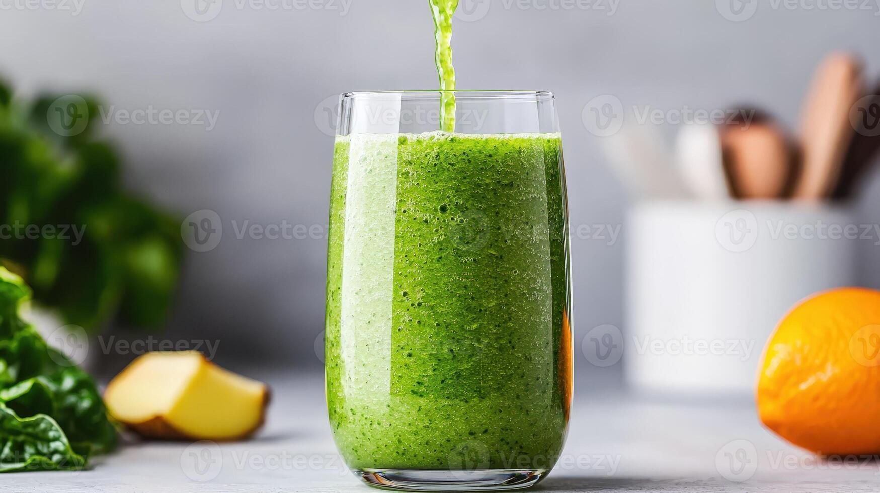 Green smoothie made counter, matcha powder stands on kitchen preparation promoting healthy eating and detox healthy eating with for menu, recipe and food blog photo