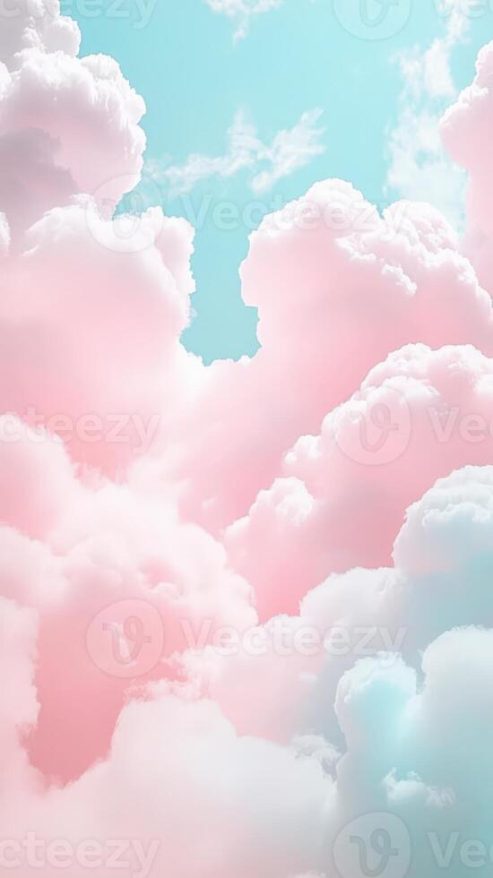 Beautiful pastel pink and cyan cumulus clouds filling a sunny sky, creating a dreamy and ethereal atmosphere. format Vertical background photo