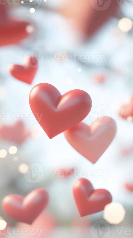 3d Floating red pristine drifting valentine against hearts white background, symbolizing romantic sentiment, perfect for love related design concepts. Vertical format photo