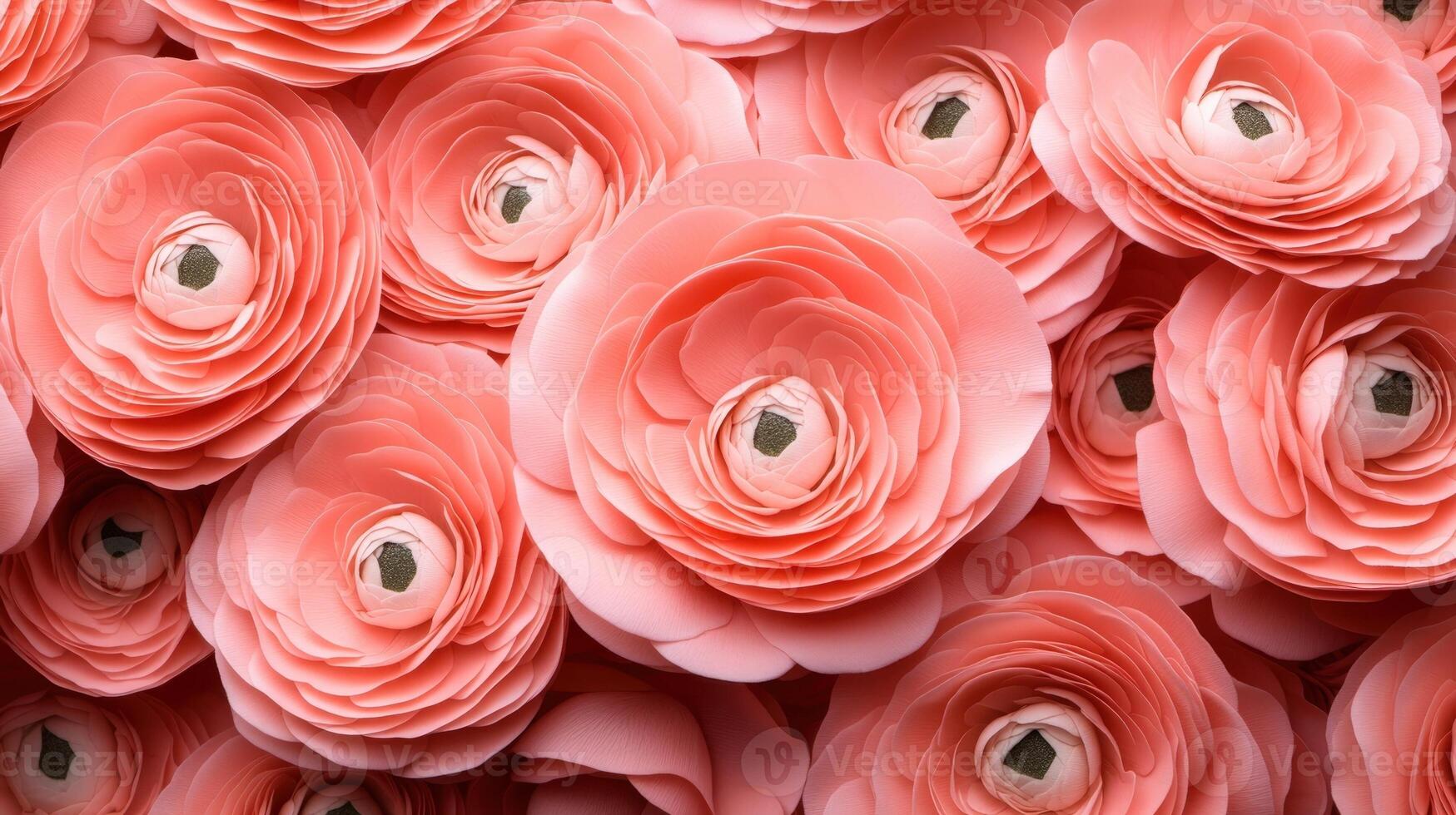 Delicate pink ranunculus creating against soft pastel background, blooming elegant floral composition with gentle, romantic mood photo