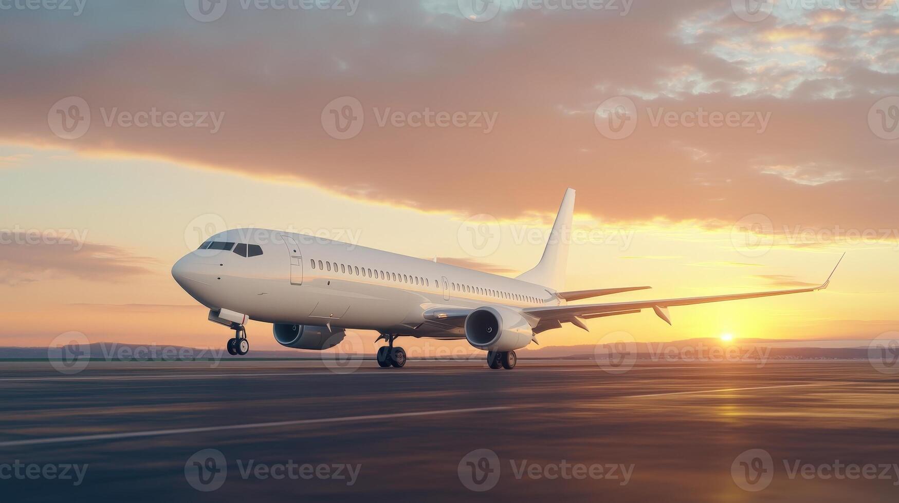 White passenger airplane taxiing on the runway during a beautiful sunset on the airport, creating a dramatic Travel vibrant scene and concept tourism photo