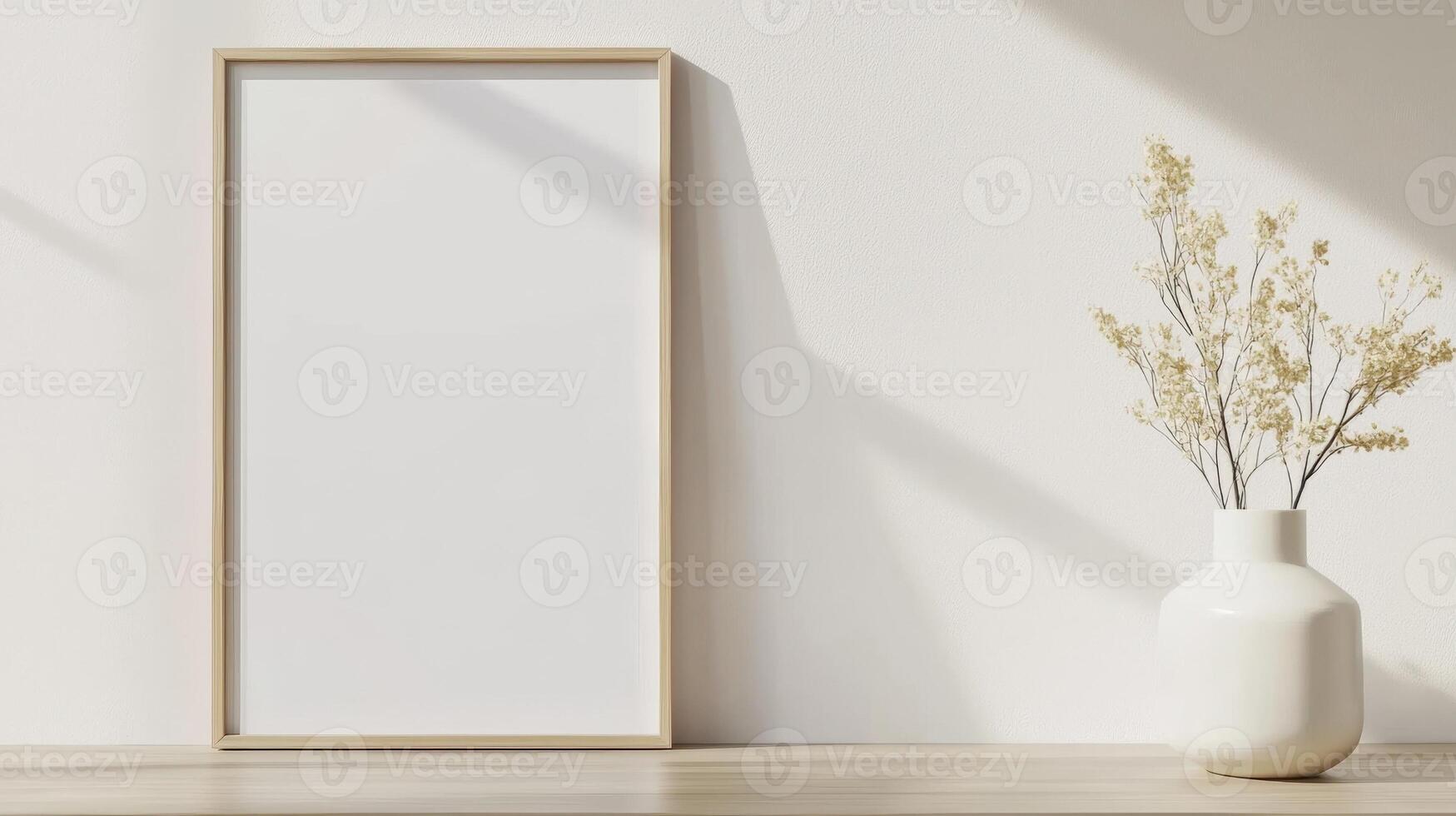Stylish interior design with empty frame poster mockup, pampas wall in vase, modern decor on shelf and sunlight shadows on white grass Scandinavian style photo