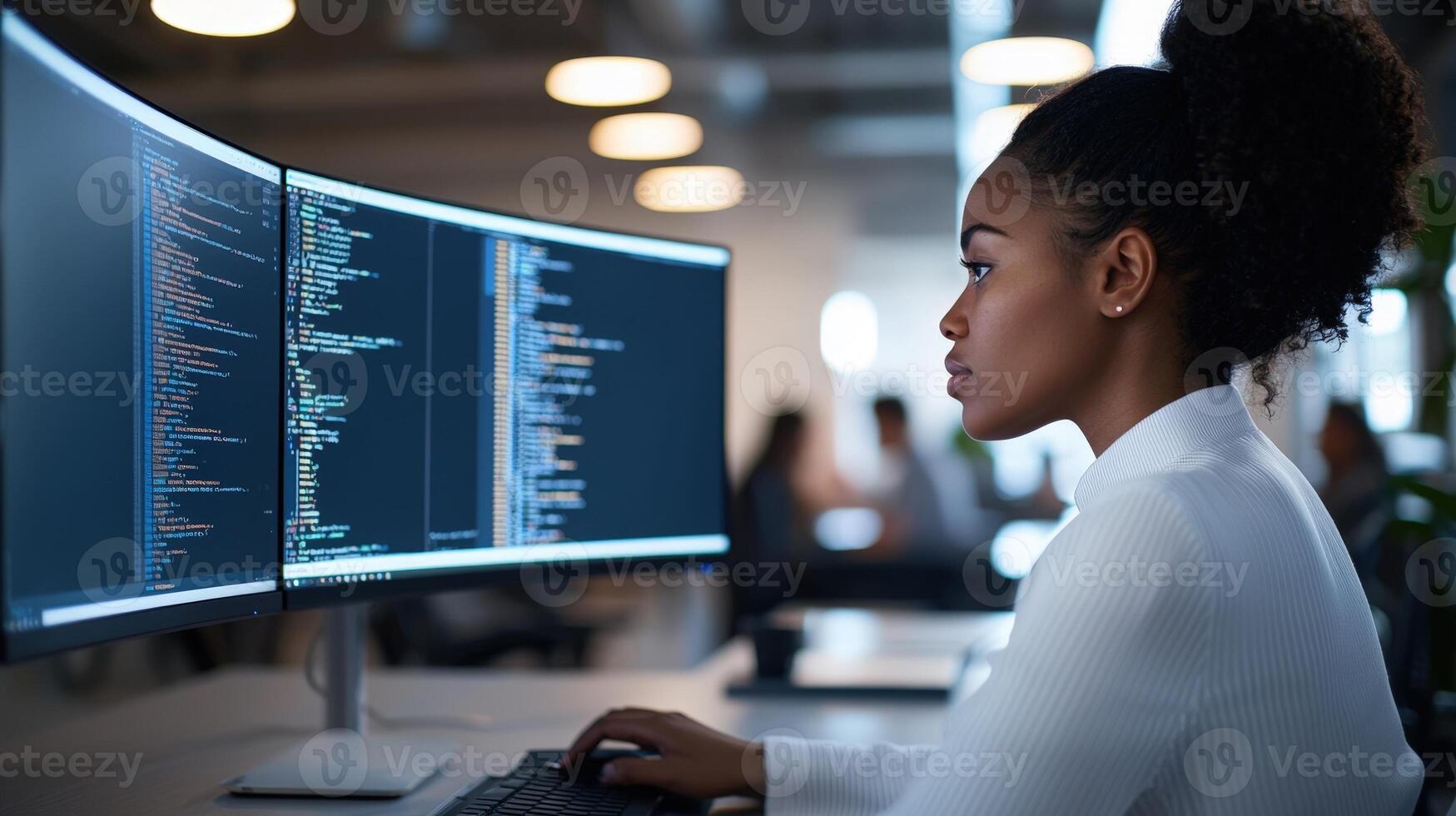 Black Woman IT programmer developer concentrating on a project in displayed modern office setting, with code a on screens and a blurred background of colleagues workspace photo