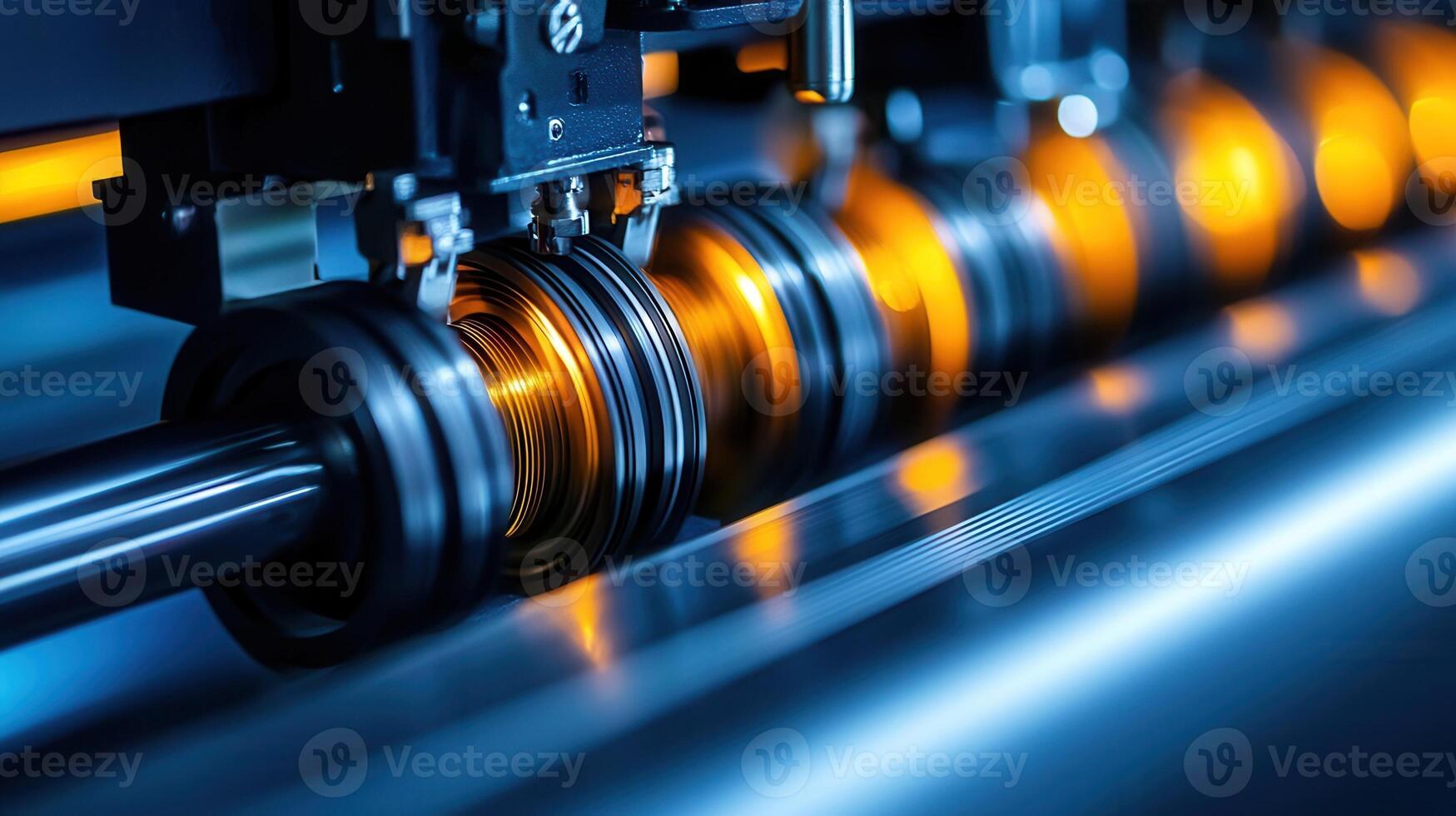 Colorful vinyl rolls resting on surface, soft bokeh illuminating textured materials in warm lighting Modern cmyk printing plant, professional press photo