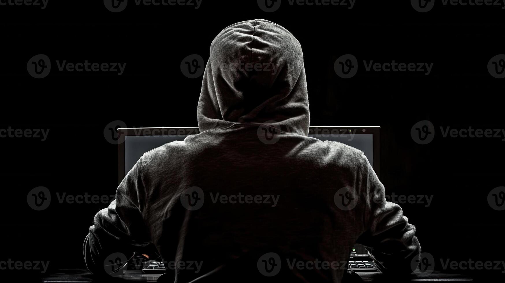 Dark lit room revealing anonymous male back, from mood hooded silhouette suggesting mysterious urban figure cyber risk photo