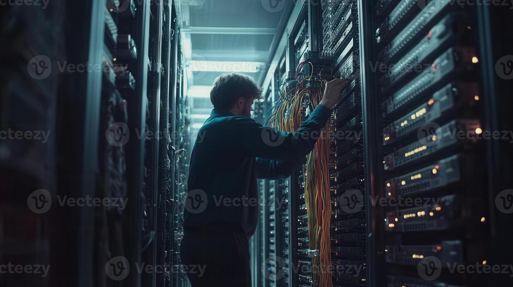An IT professional installing new hardware into a server rack. server room organized racks with labeled cables and equipment. The technician is carefully mounting a new server unit into place photo