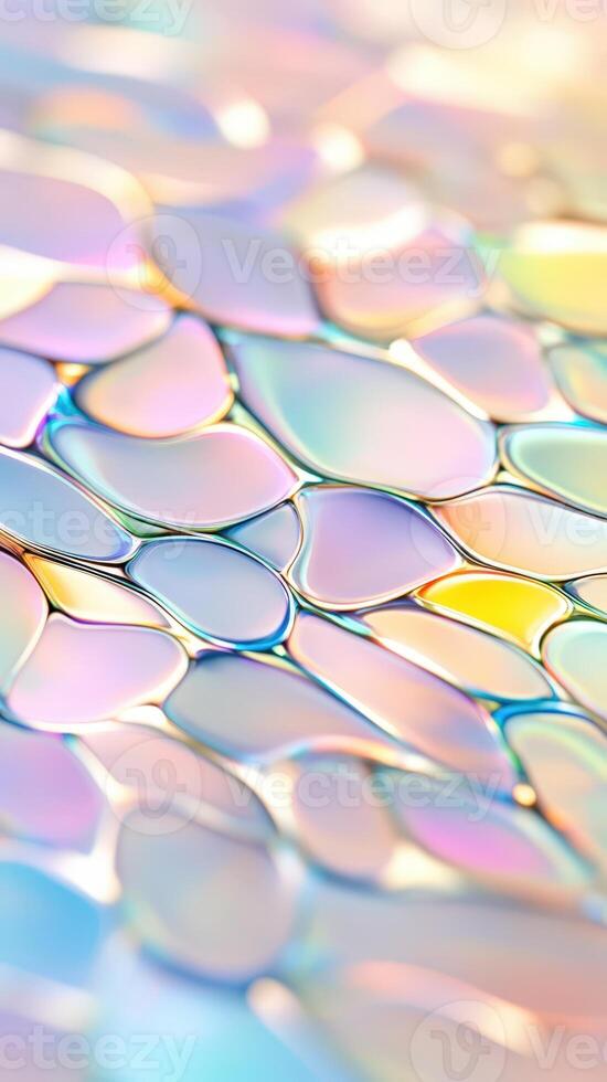 Iridescent tessellation holographic pattern displaying vibrant color shifts across smooth design generating abstract graphic surface, element. Vertical format background photo
