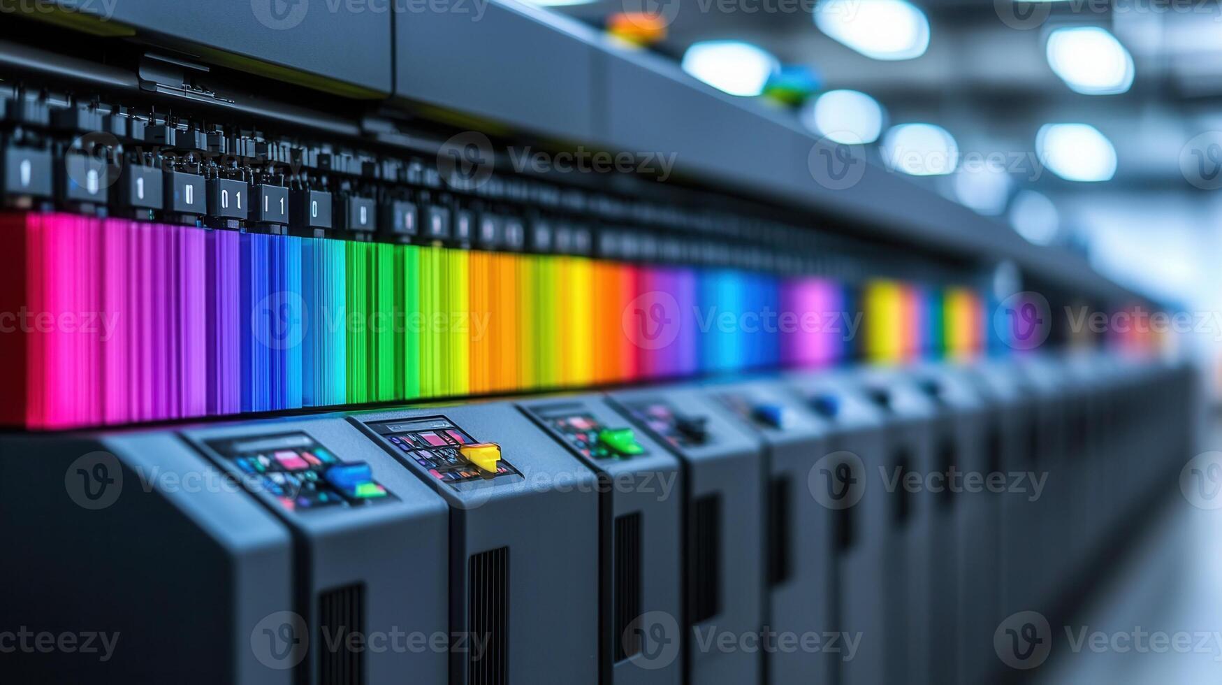 Vibrant ink cartridges lining professional printing equipment, showcasing precision color cmyk management for high quality print production photo