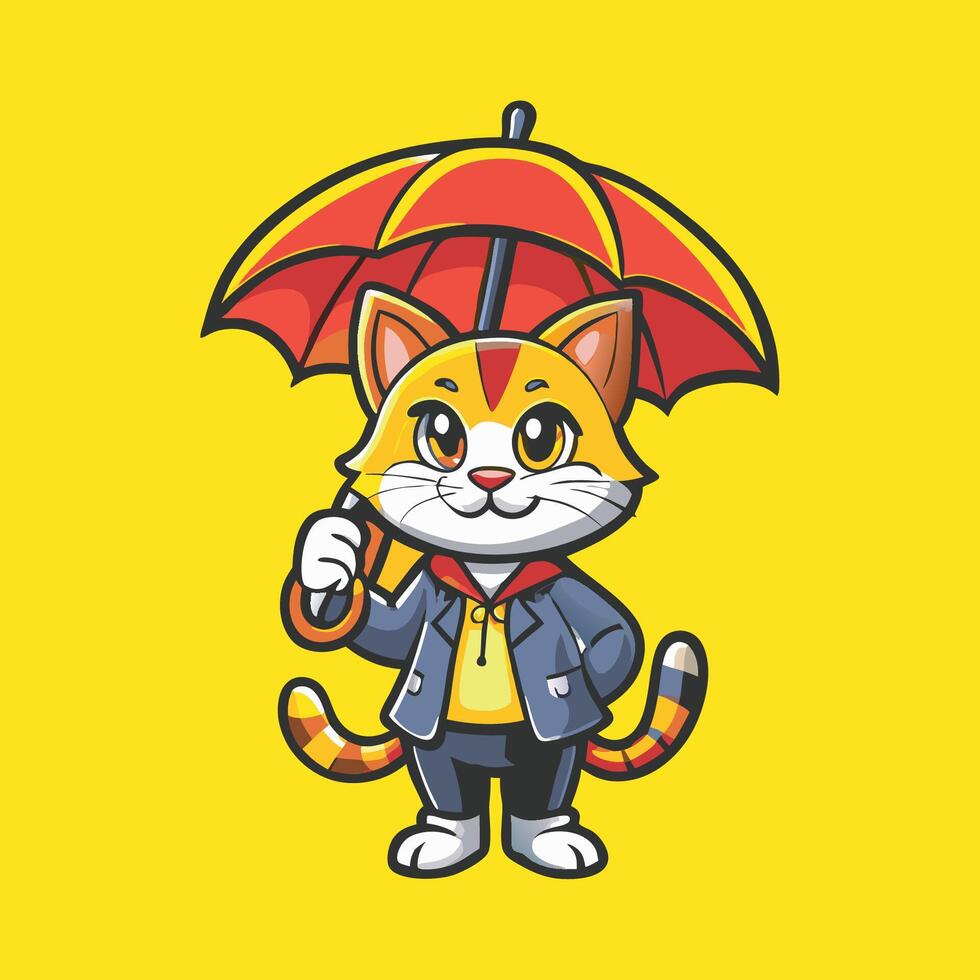 Cute Cat Holding a Colorful Umbrella Logo Mascot Character vector