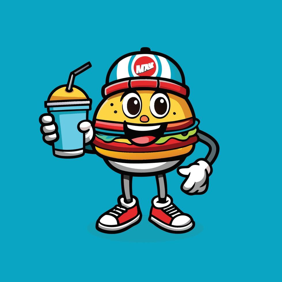 Cartoon Hamburger Donning a Cap Sipping Soda Delightfully vector