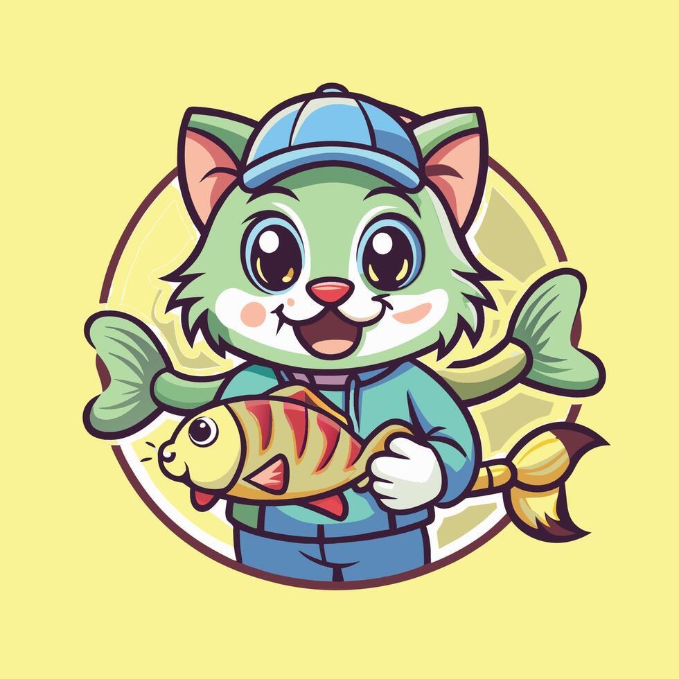 Adorable Cat and Fish Cartoon Characters with Mascot Design vector