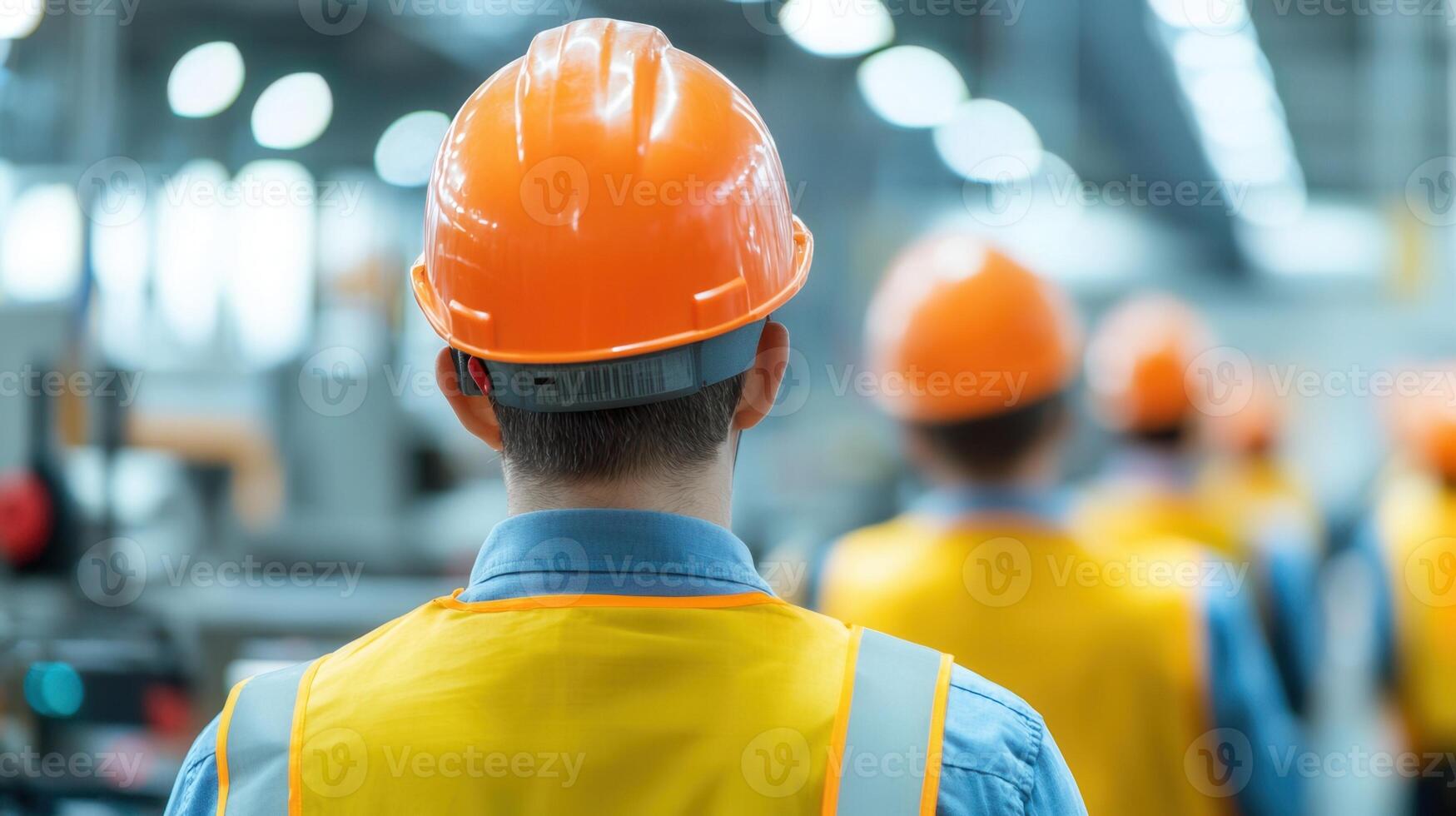 Engineers wearing hardhats and safety vests are observing the manufacturing process modern factory photo