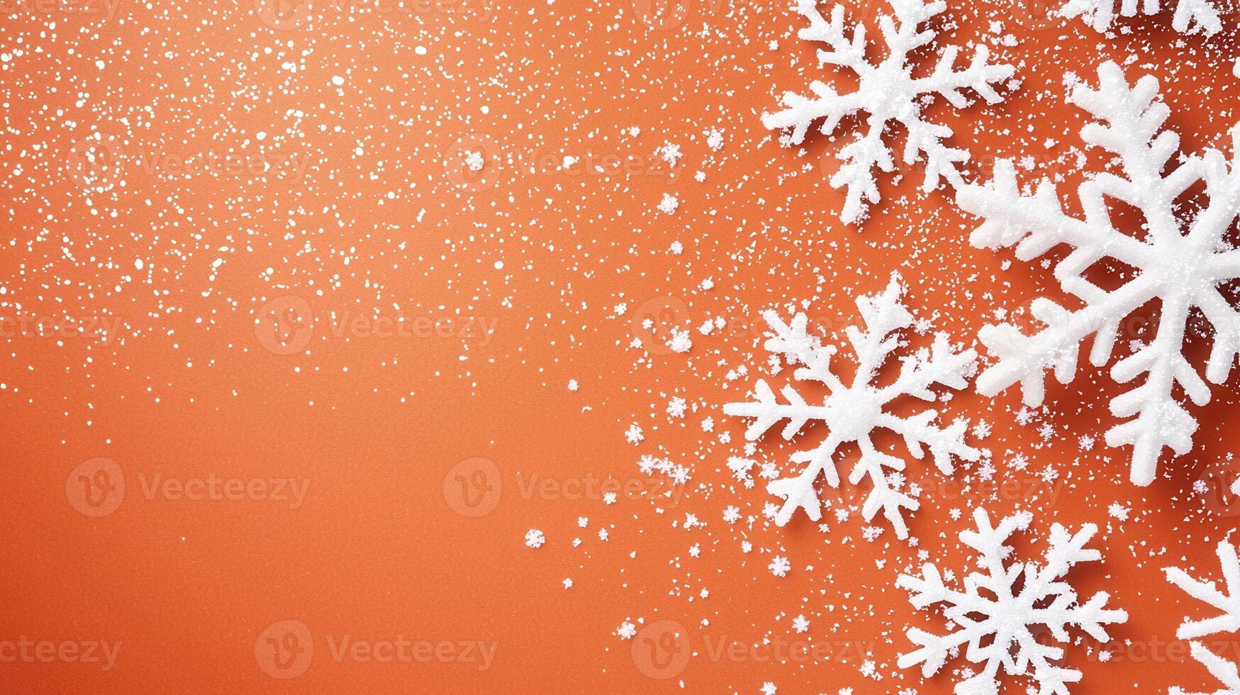 Frosty winter branch receiving gently falling christmas snowflakes, creating serene white landscape with soft seasonal Orange background Copy space for text banner photo