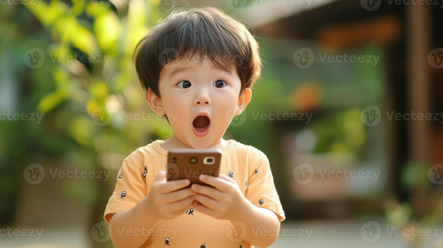 Surprised toddler boy sitting in park, with smartphone holding wide eyed amazement while exploring digital screen photo