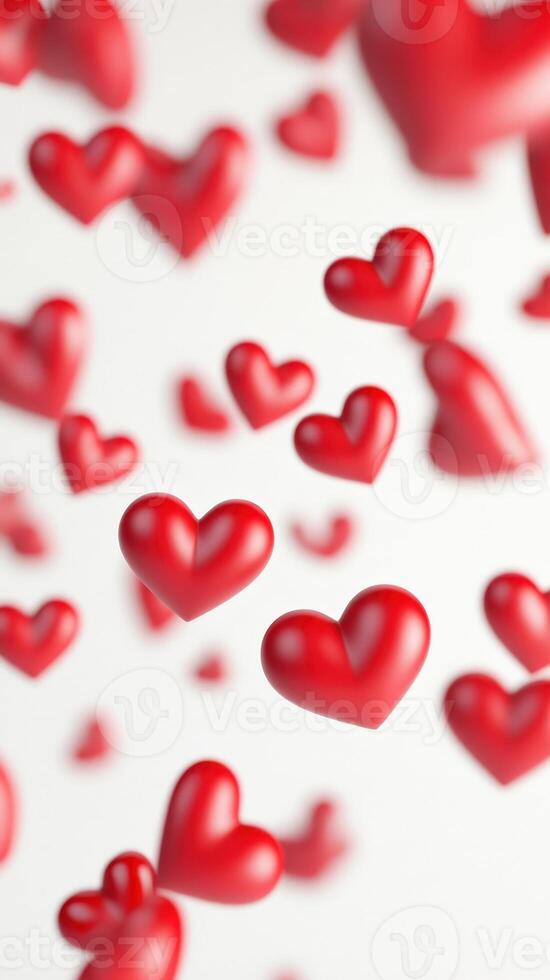 3d Floating red pristine drifting valentine hearts against white background, symbolizing romantic sentiment, perfect for love related design concepts. Vertical format photo