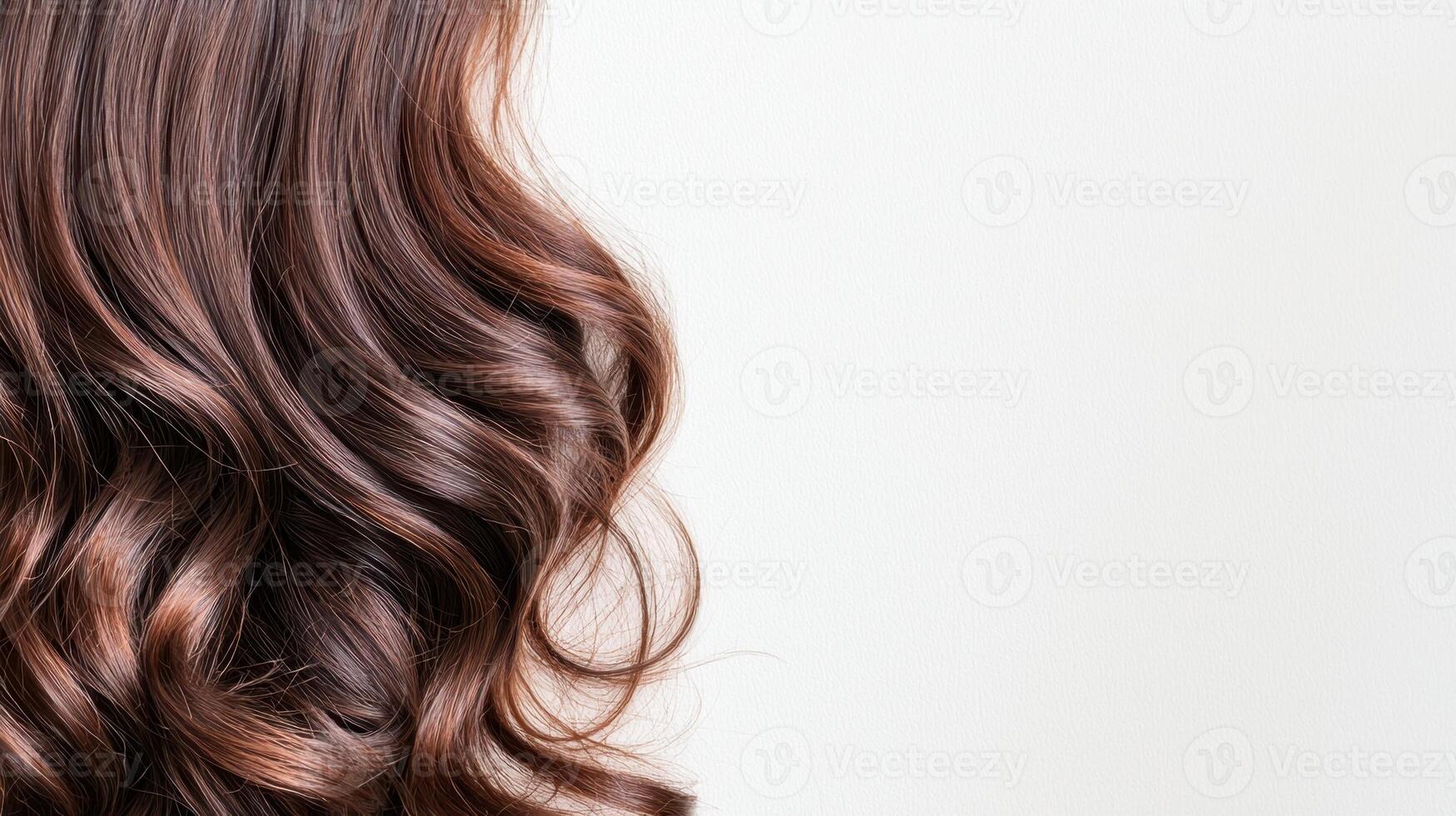 Curly brown dark Hair dye Close-up highlighting natural volume and radiant shine against pristine white background Copy space for text photo