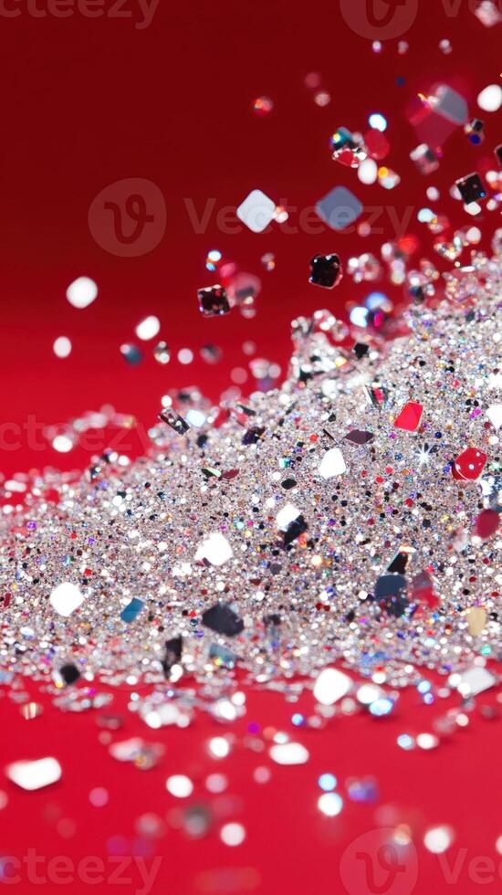 Silver glitter cascading over red festive, forming shimmering glitter, holiday background. Vertical format photo