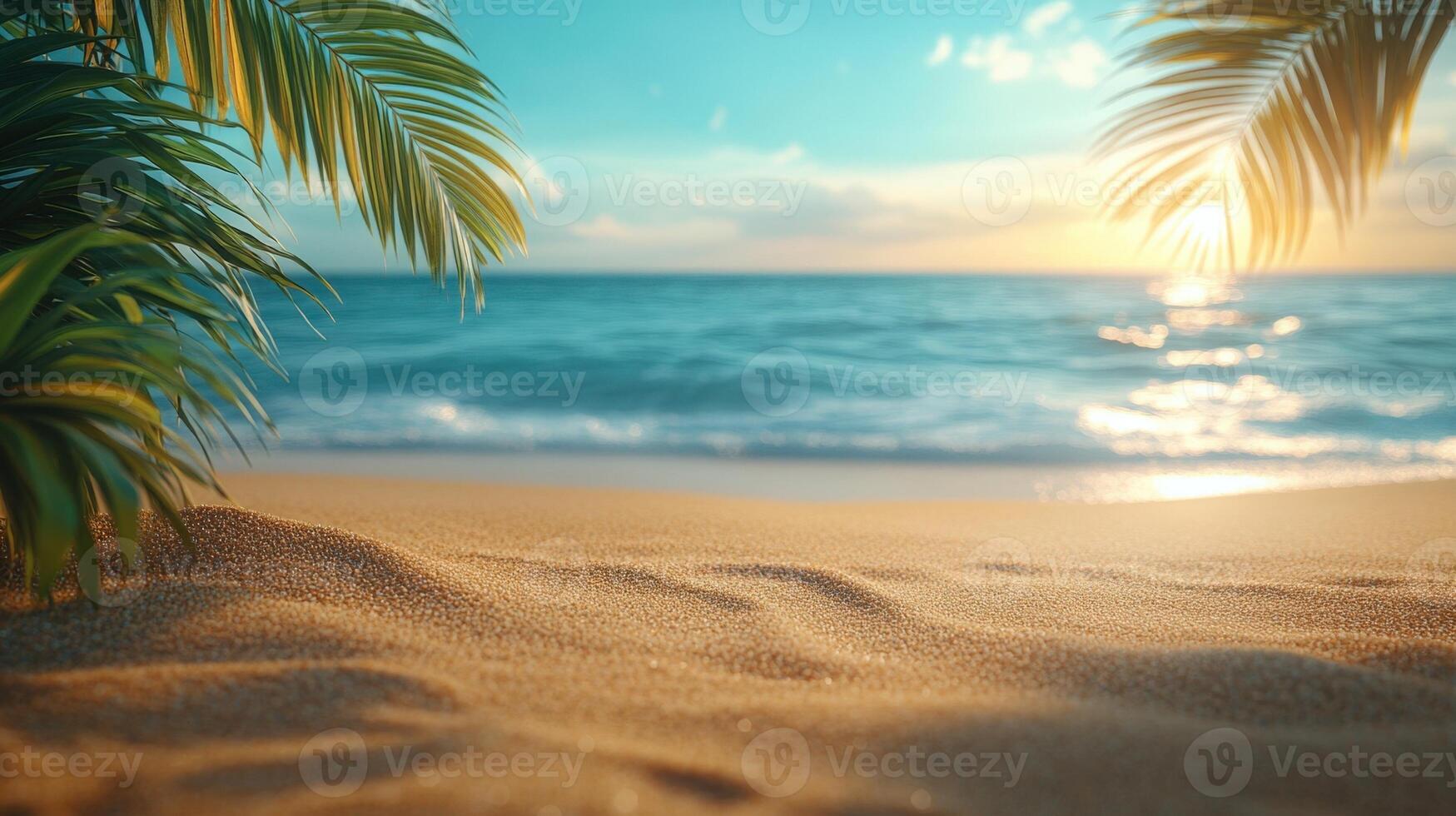 Vibrant golden sunset summer washing over tranquil tropical beach coastline, silhouetted palm tree background accenting expansive space ocean horizon Copy verdant for text photo