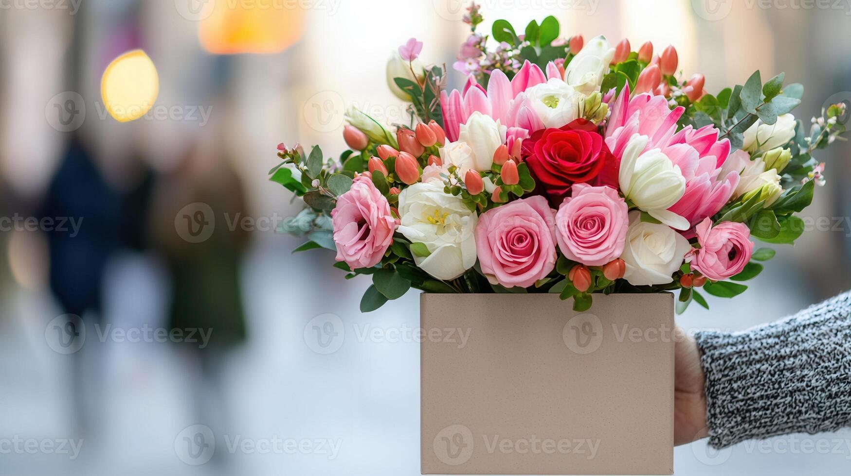 Delivery person holding a bouquet with pink, red flowers in a stylish gift box on a city street photo