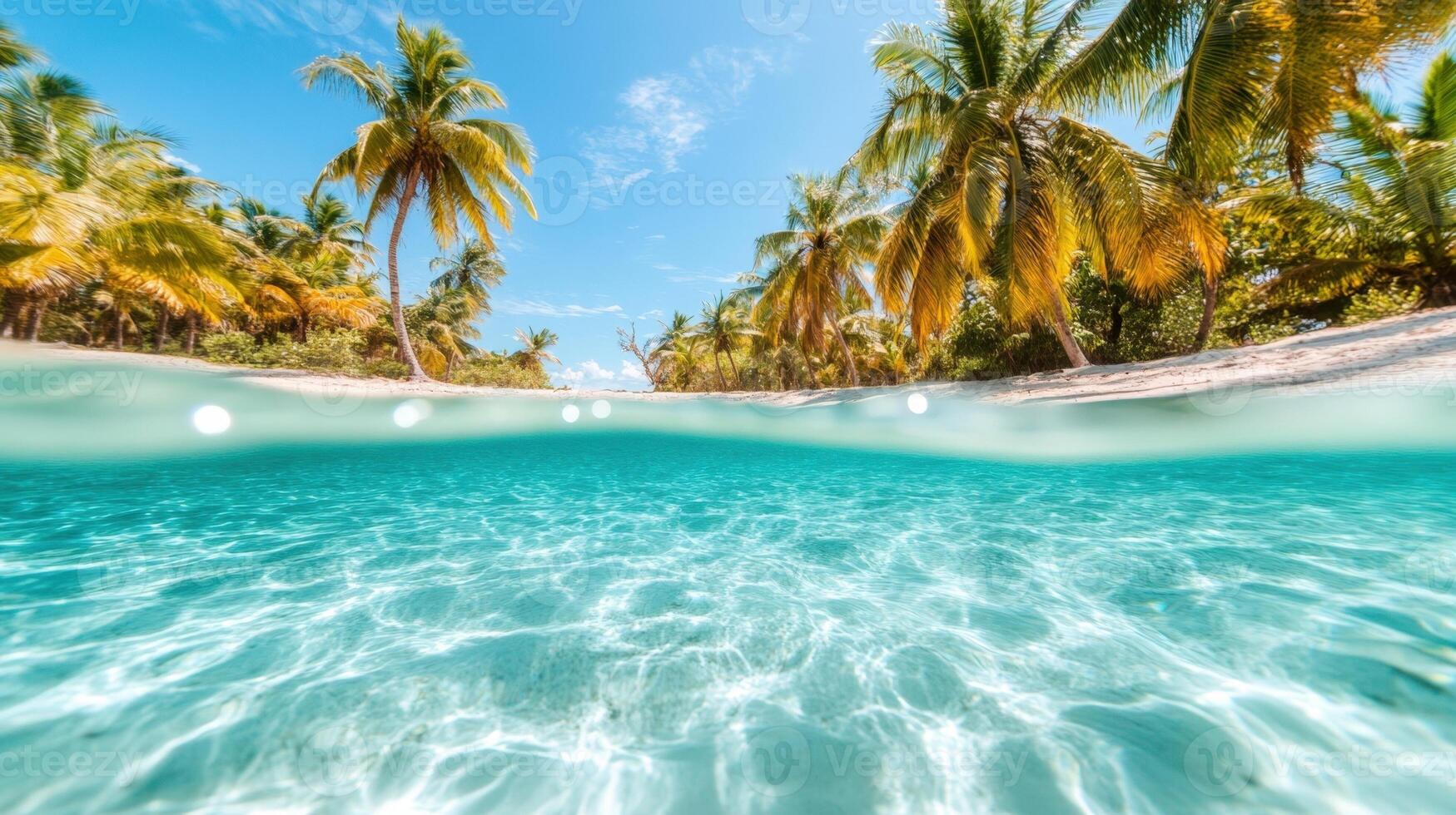turquoise Pristine waters washing secluded tropical island, verdant palms framing white sandy shore under blazing sunlight background Copy space for text photo