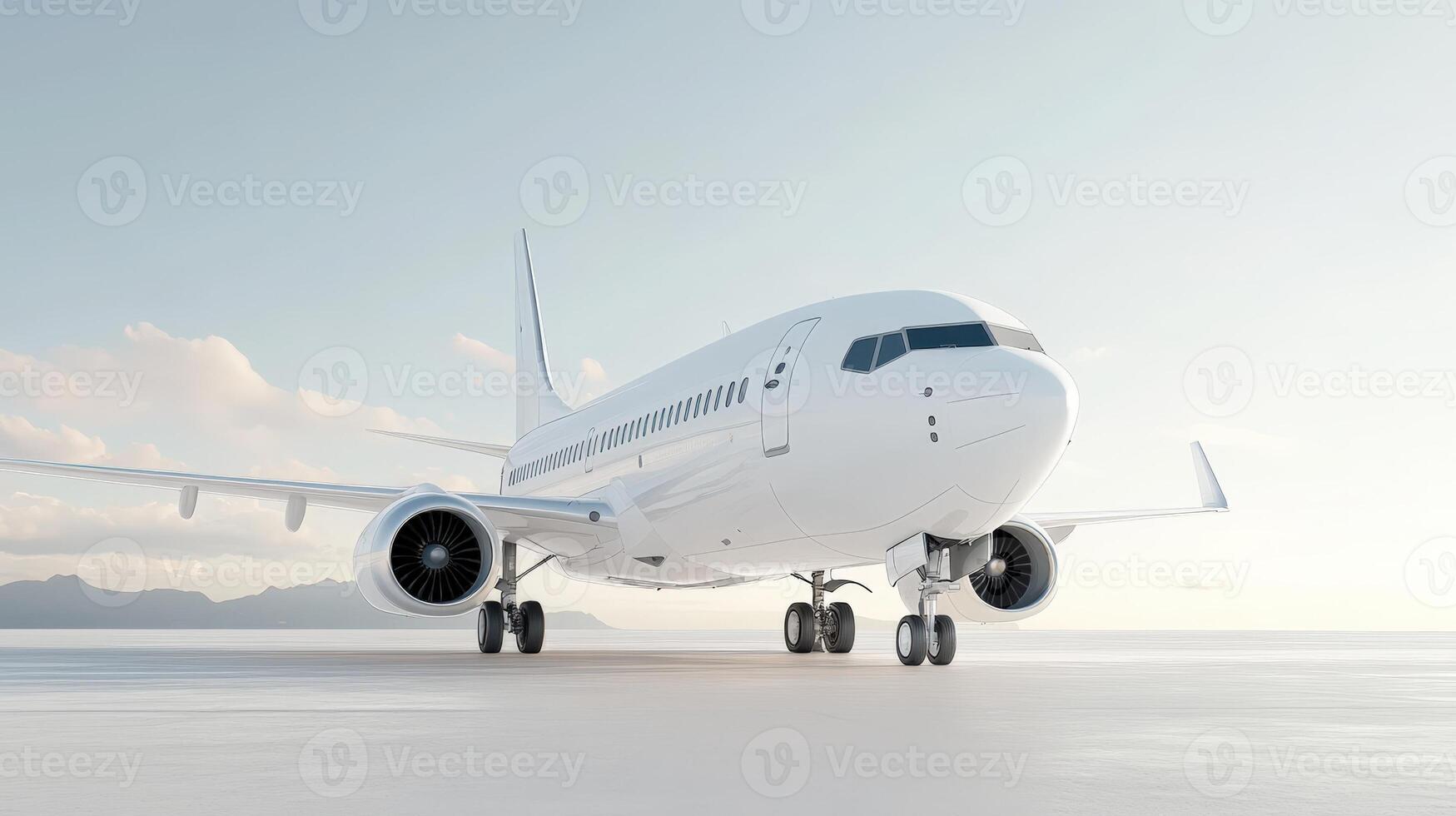 passenger White airplane jet waiting on runway, golden sunrise illuminating aircraft wings against early morning sky standing on the airport runway at sunset photo