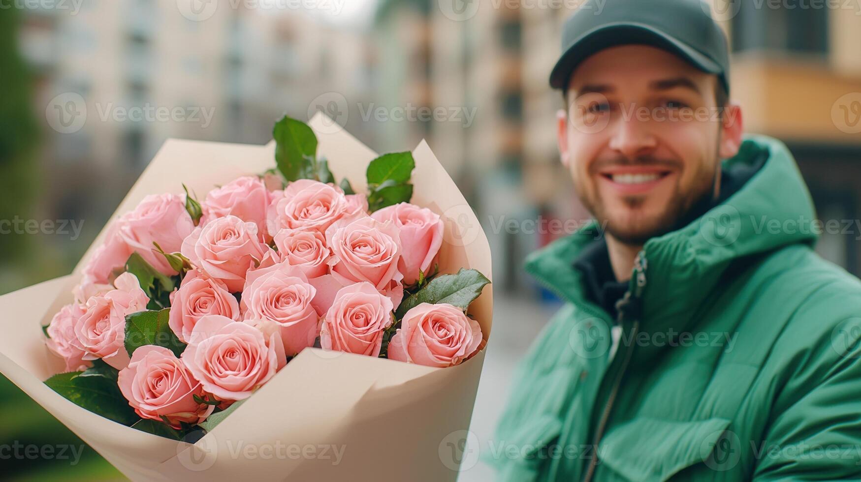 European man Delivery courier person grinning, carrying pink rose bouquet, dressed in green uniform near residential home photo