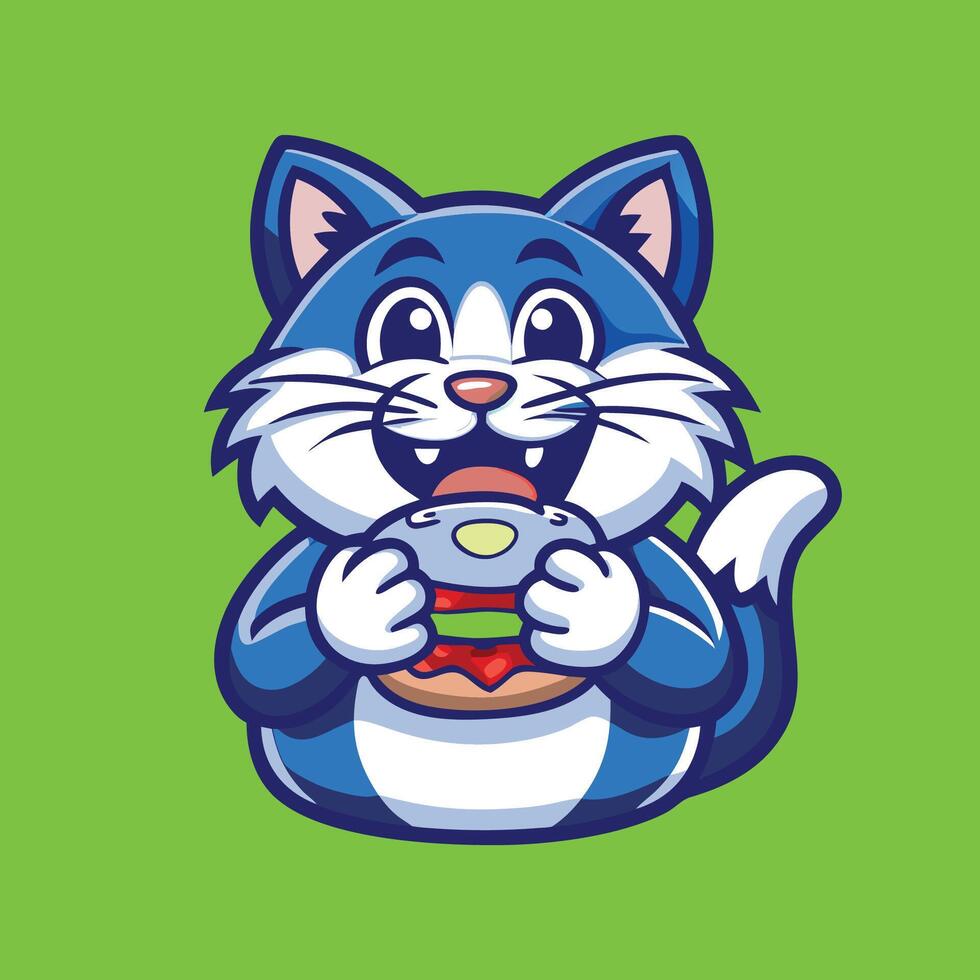 Delighted Feline Enjoying a Delicious Hamburger Mascot Logo Character vector