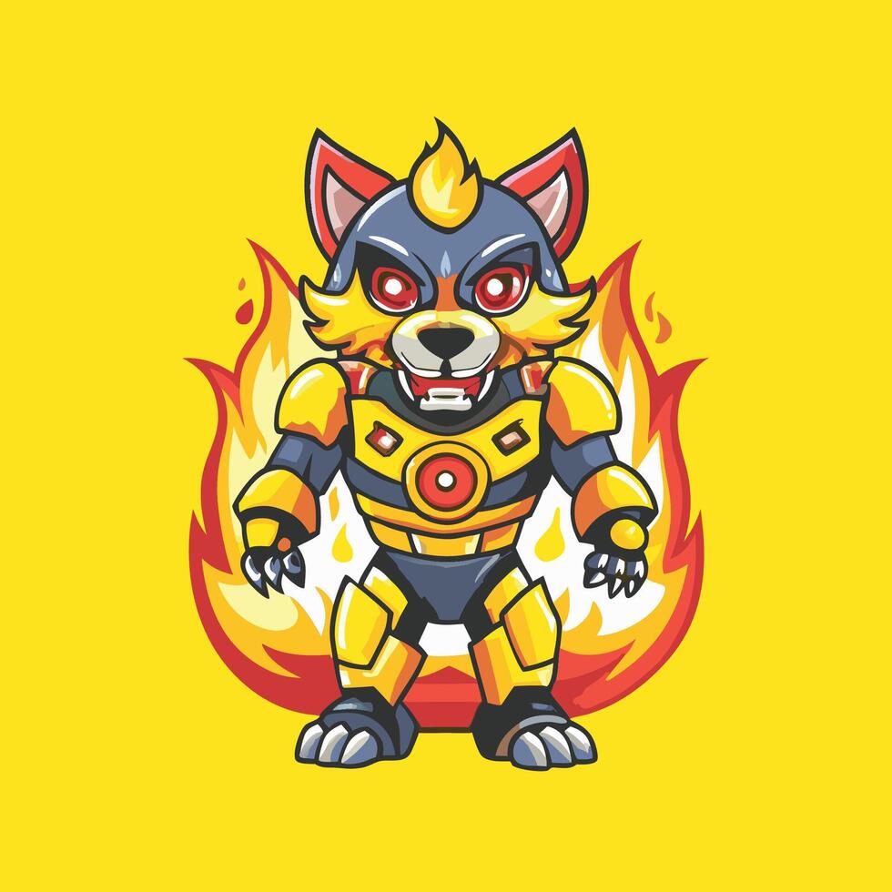Fierce Wolf Cyborg Mascot Illustration with Flames vector