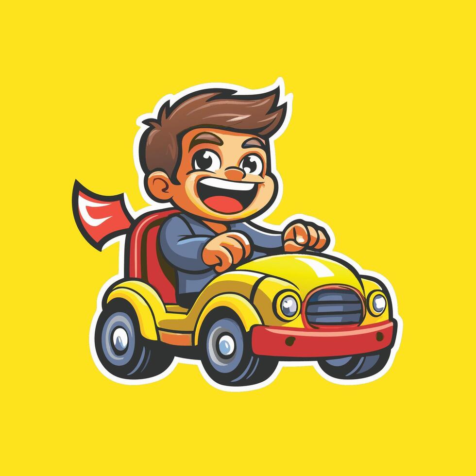 Cheerful Kid Riding a Toy Car Logo Mascot Character with Joyful Expression vector