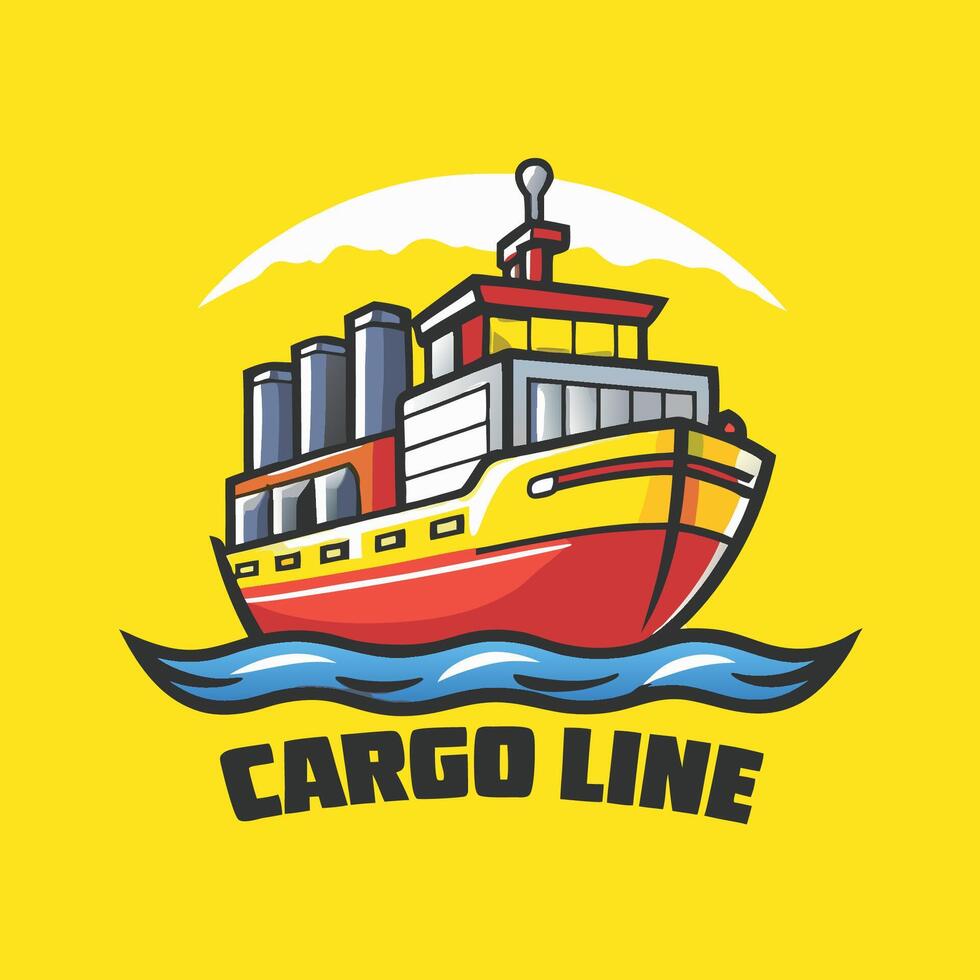 Line Art Logo of a Cargo Ship with Cartoon Character vector