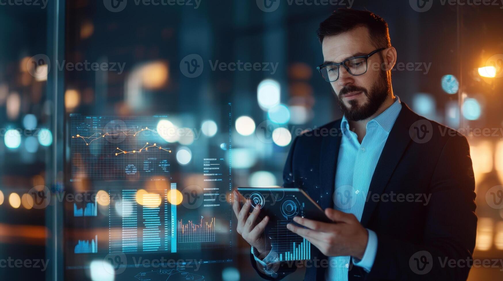 Businessman analyzing holographic data projected from tablet, visualizing graphs, in and global connections charts, a technological business environment photo