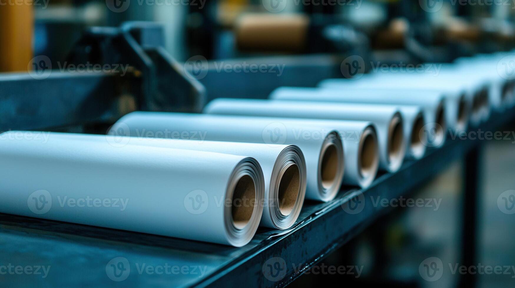 White rolls of material are moving along a conveyor belt in a factory, ready next stage of production photo