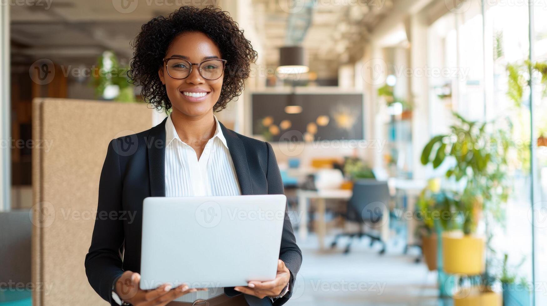 Woman African American business developer working on desktop computer laptop, surrounded by lush houseplants in sunlit home workspace with modern design photo