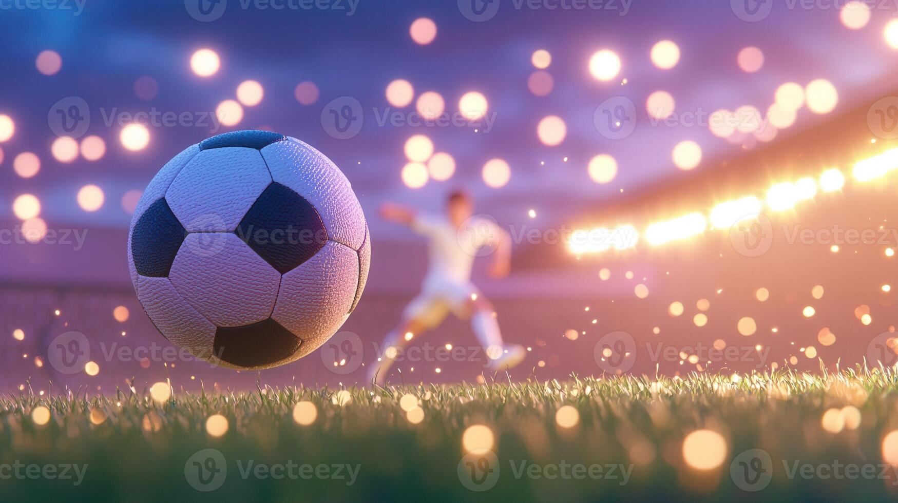 Soccer ball football floating in front of goal net sport with dramatic bokeh during a night match with green backgroung photo