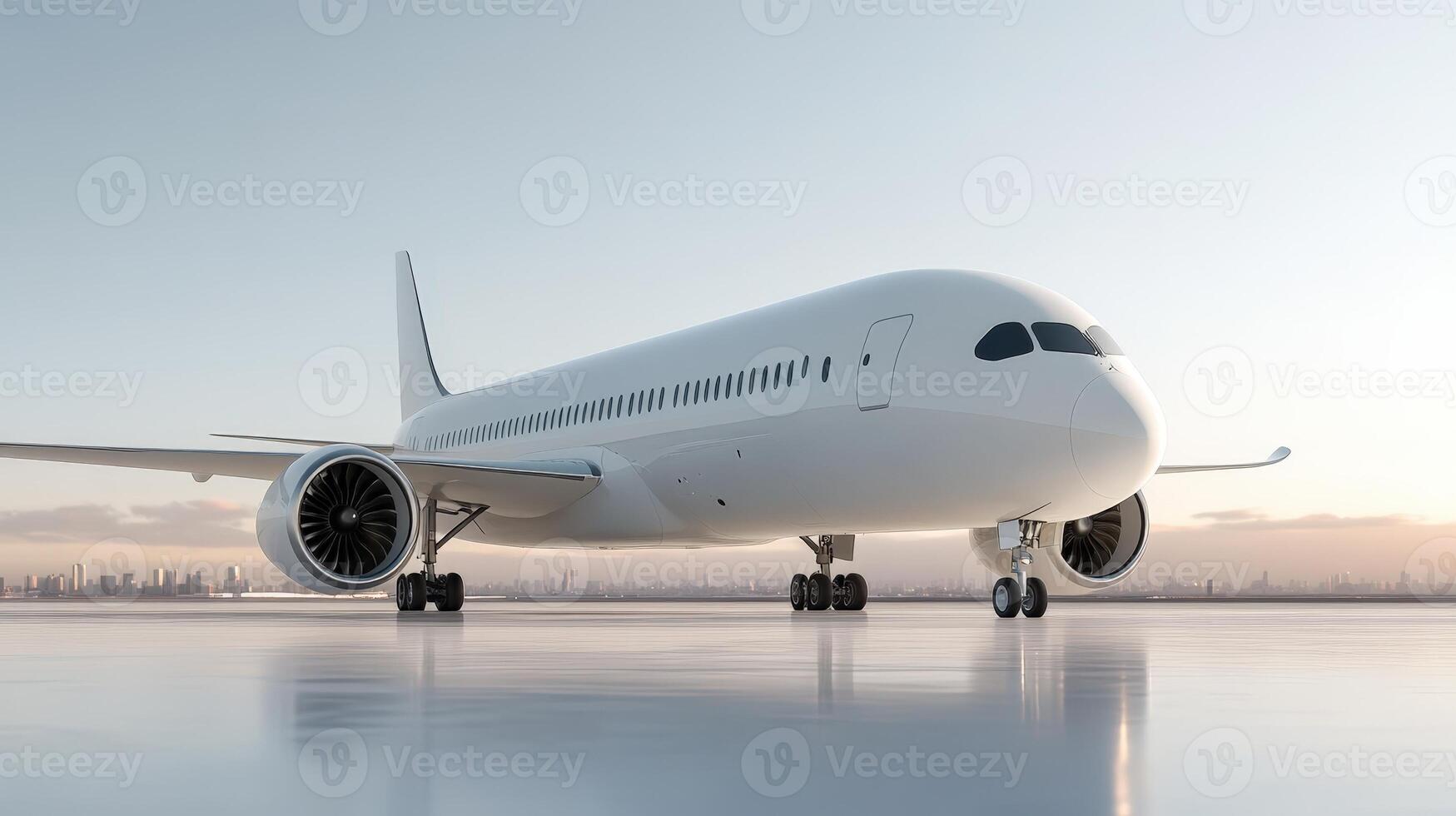 White passenger airplane jet waiting airport runway, golden sunrise illuminating aircraft wings against early morning sky standing on the on runway at sunset photo