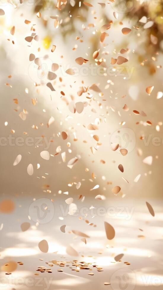 3d Golden confetti falling gracefully valentine love onto a sunlit floor, creating a festive celebratory and atmosphere beige . Vertical format photo