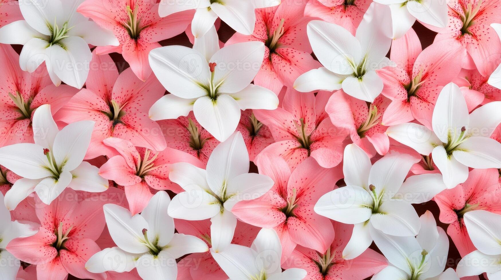 Soft watercolor white capturing delicate pink and pastel lilies blooming against muted rendering pattern background photo