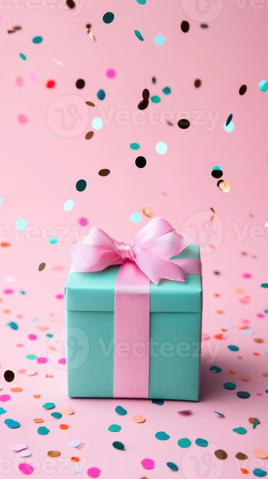 3d Pastel gift box suspended midair valentine love, peach celebrating trailing, ribbon gravity swirling around confetti festive moment. Vertical format background photo