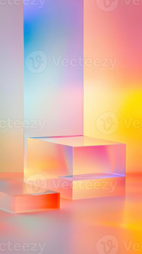 Glass cube stage geometric. with holographic, iridescent colors against soft pastel glowing Vertical format background photo