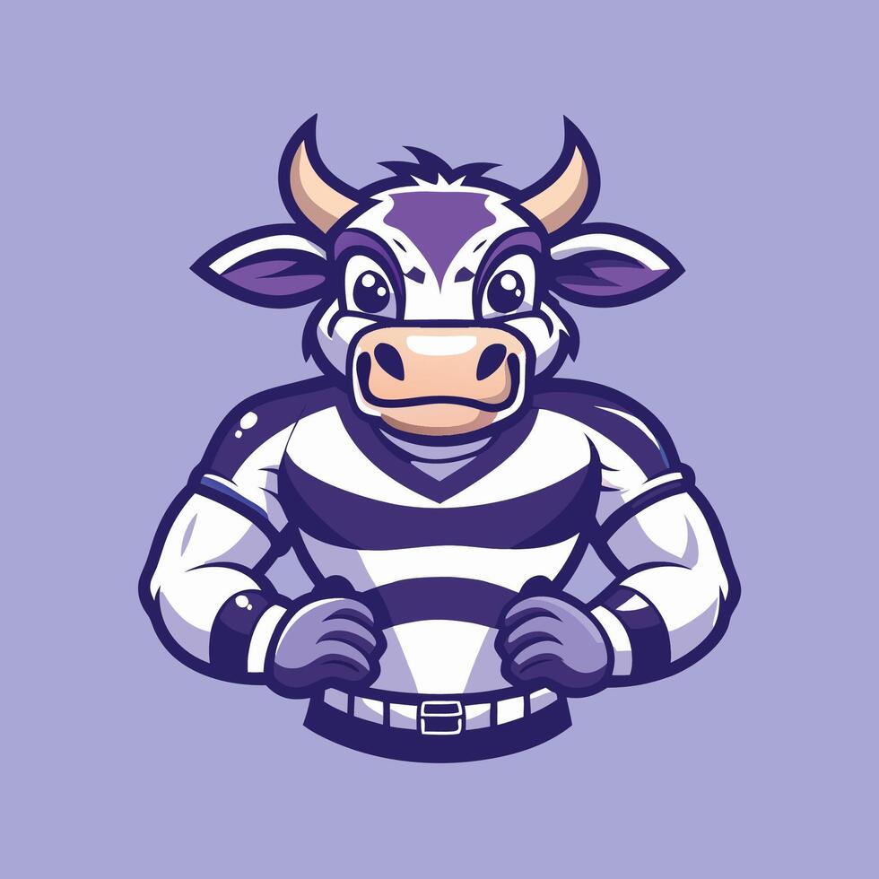 Logo Illustration of a Muscular Rugby Cow Mascot Cartoon Character in a Dynamic Pose vector