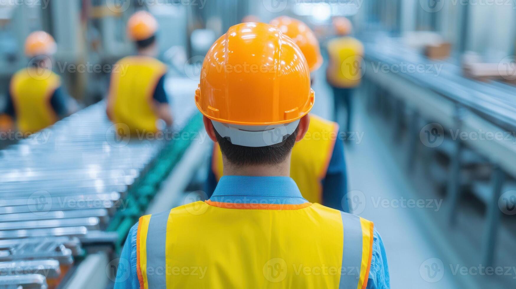 Engineers wearing hardhats and safety are observing the manufacturing process in a modern factory photo