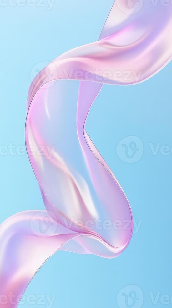 Holographic 3d gently ribbon Abstract background pastel twirling, dancing in soft light blue space with fluid, ethereal motion. Vertical format photo