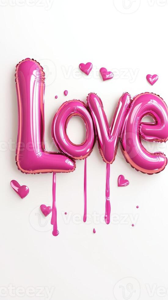 shape Pink foil balloons spelling love and forming heart background, valentine 3d floating weightlessly on pristine white backdrop, conveying romantic sentiment. Vertical format photo
