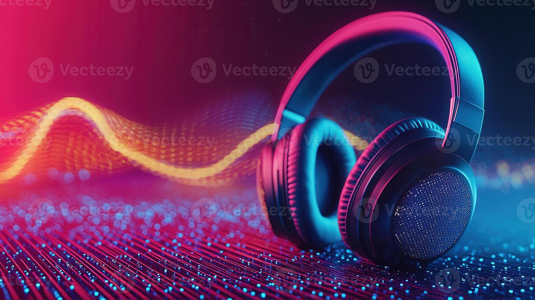 Modern wireless dj headphones illuminated by vibrant, a lights, creating captivating futuristic technological atmosphere background photo