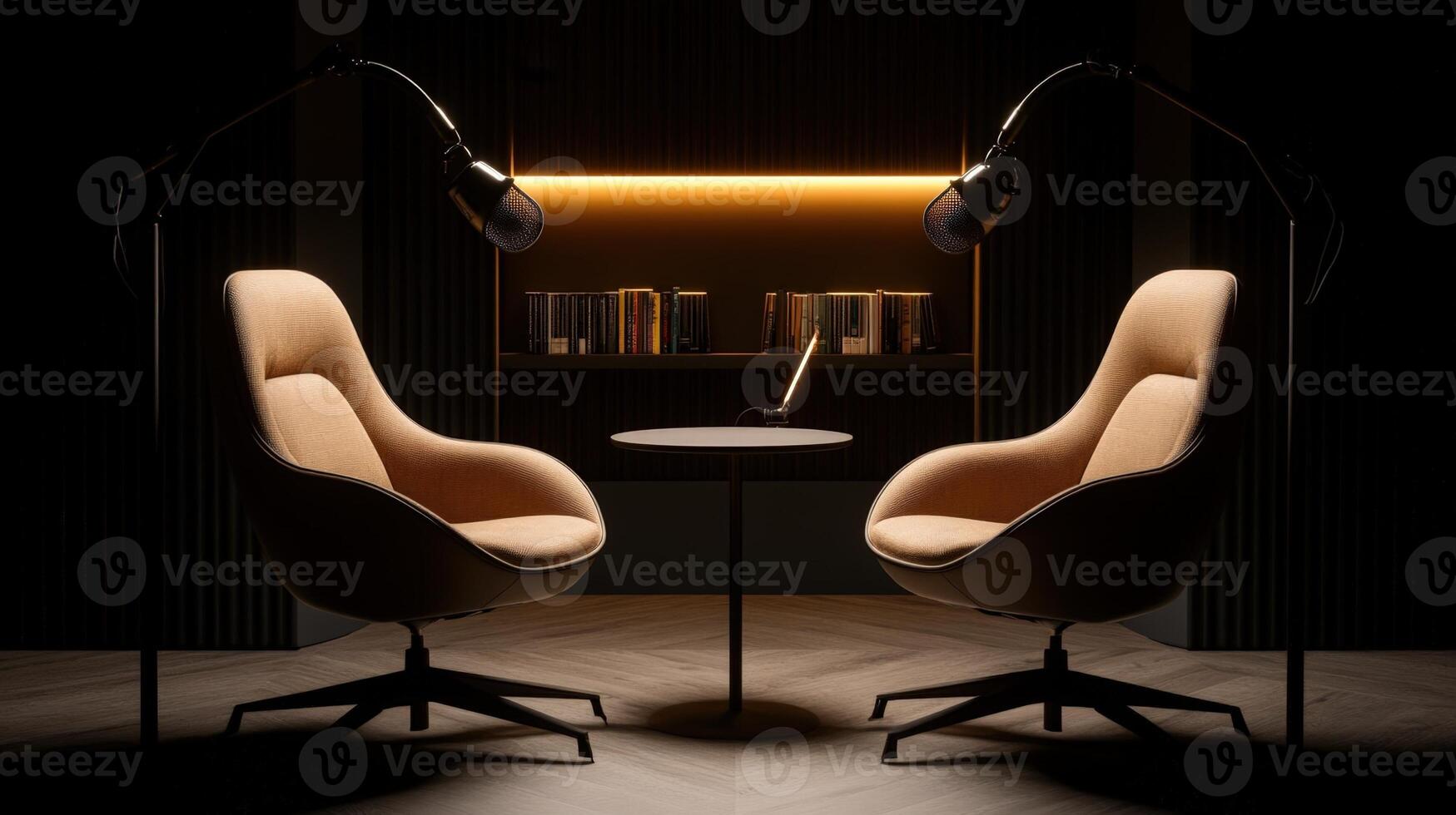 Modern recording podcast studio armchairs flanking for microphones podcast, creating intimate talk show staging sleek professional dialogue photo