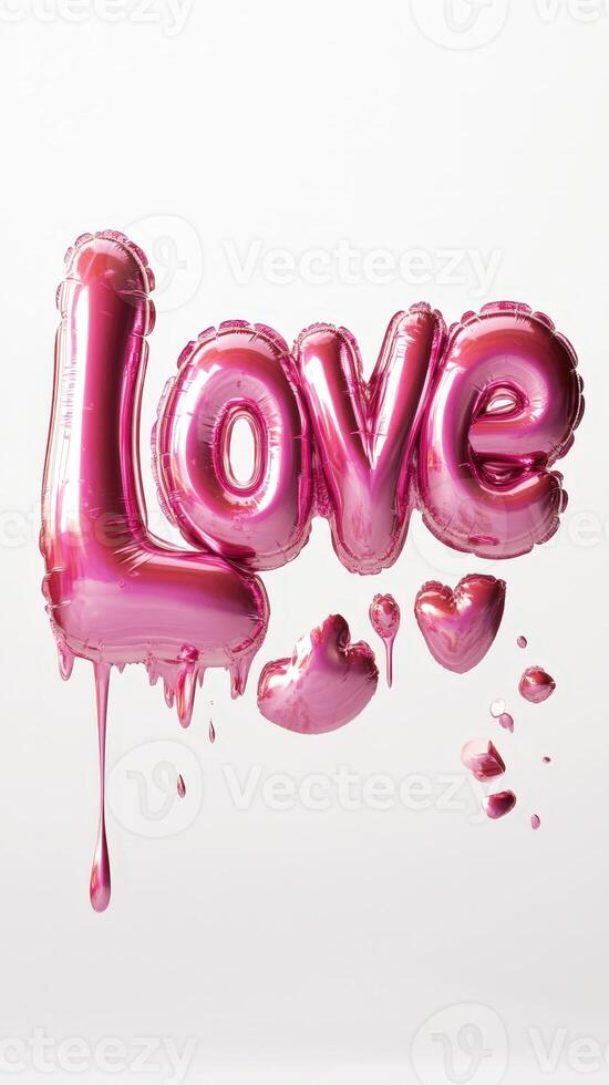3d Pink foil balloons spelling love and forming heart shape valentine background, floating Vertical on pristine white backdrop, conveying romantic sentiment. weightlessly format photo