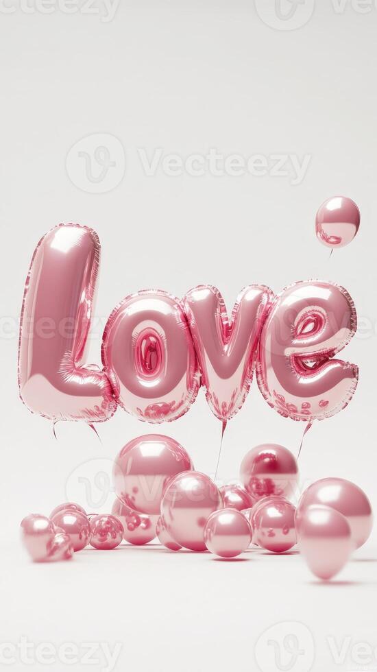 3d Pink foil balloons spelling love and forming heart shape valentine background, floating on weightlessly pristine white backdrop, conveying romantic sentiment. Vertical format photo