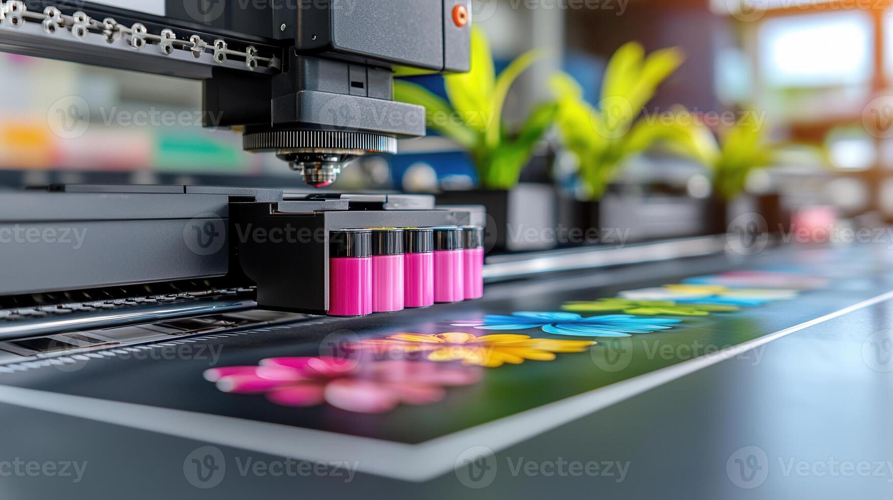Colorful vinyl rolls resting surface, soft bokeh illuminating textured materials in warm lighting Modern printing business plant, professional press photo