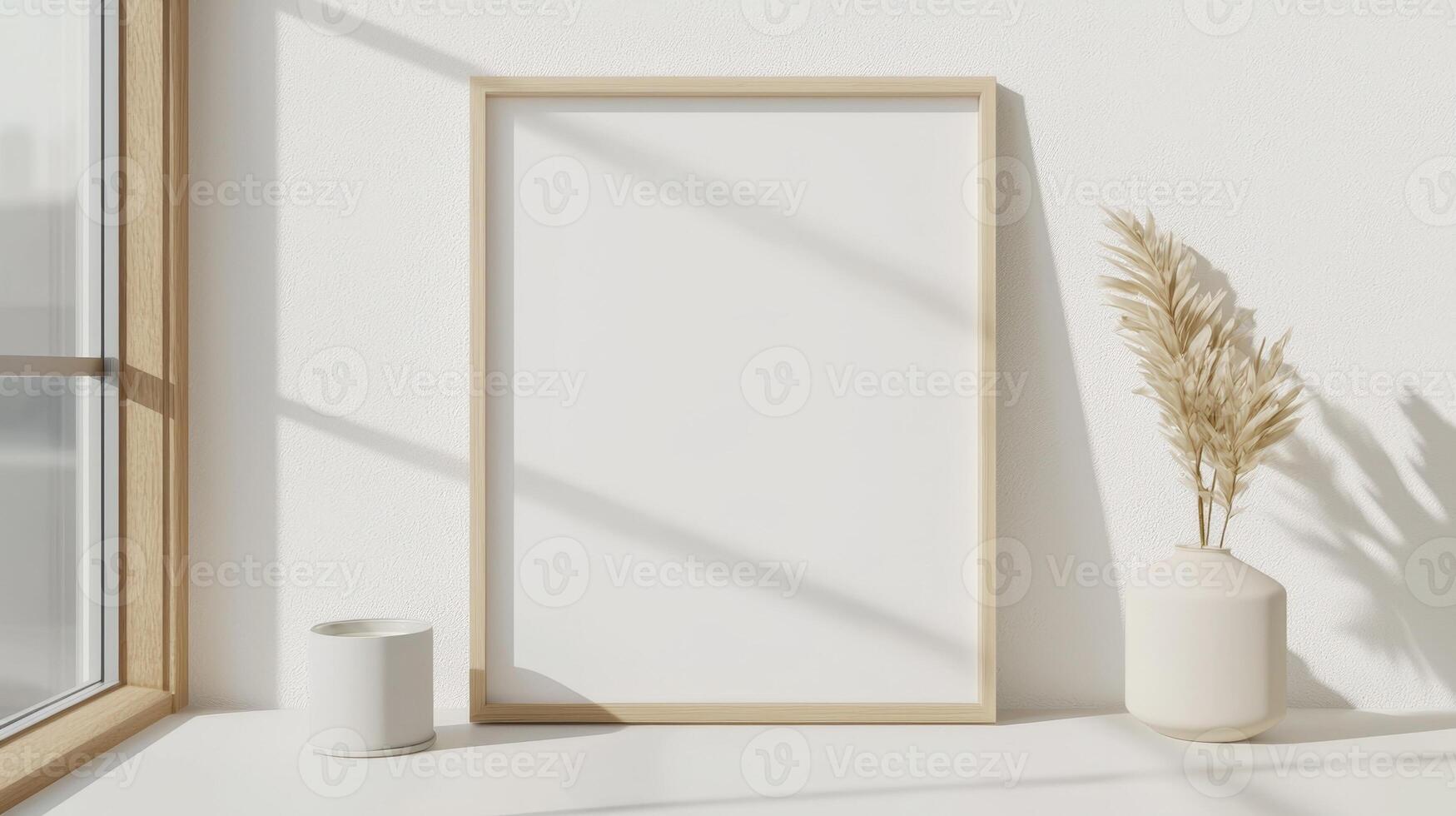 Stylish interior design with empty frame poster mockup, pampas decor in vase, modern grass on shelf and sunlight shadows on white wall Scandinavian style photo
